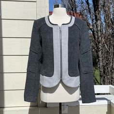 New With Tags Rebecca Minkoff Odyssey Jacket Gray Felt Wool Blend Zip Front Size: 10 Chest: 38” Length: 22” Sleeve: 25” Front Zipper Closure. 50% Wool, 25% Nylon, 25% Polyester Fitted Outerwear With Zipper Closure For Work, Fitted Zipper Closure Outerwear For Work, Winter Workwear Blazer With Zipper Closure, Tailored Fall Outerwear With Zipper Closure, Winter Workwear Cropped Jacket With Zipper Closure, Winter Cropped Jacket For Workwear With Zipper Closure, Fitted Outerwear With Zipper For Layering, Fitted Outerwear With Zipper Closure For Layering, Fitted Outerwear With Pockets For Layering