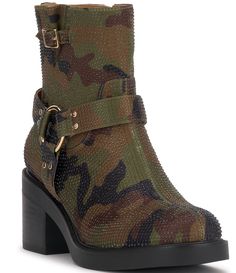 From Jessica Simpson, the Ceridwen Camo Printed Rhinestone Moto Booties feature:Camo printed satin fabric upperAllover rhinestone embellishmentsSide zipper closureSynthetic liningRubber outsoleApprox. 5.9" shaft heightApprox. 11.6" shaft circumferenceApprox. 0.6" platform heightApprox. 2.6" heel heightImported. Fall Booties Ankle Boots, Jessica Simpson Boots, Dr Martens Style, Martens Style, Keds Style, Camo Skirt, Boot Pulls, Camouflage Patterns, Boots Women Fashion