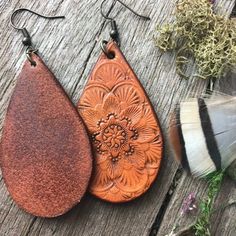 Handmade Teardrop Faux Leather Earrings, Artisan Leather Teardrop Earrings, Leather Teardrop Earrings For Everyday Use, Tooled Leather Earrings, Leather Jewellery, Veg Tan Leather, Hand Tooled Leather, Memphis Tn, Caramel Color