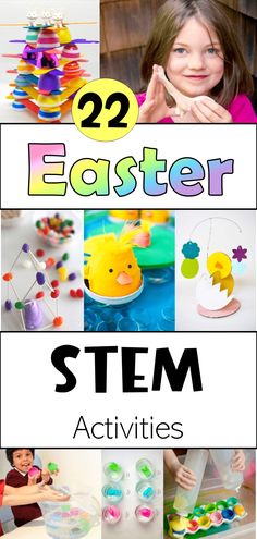 The pin says 22 Easter STEM activities and shows eight pictures of kids doing experiments and activities such as building with plastic eggs and jelly beans, science experiments and candy slime. Wood Sprite, Prek Themes, Kids Experiments, Library Makerspace