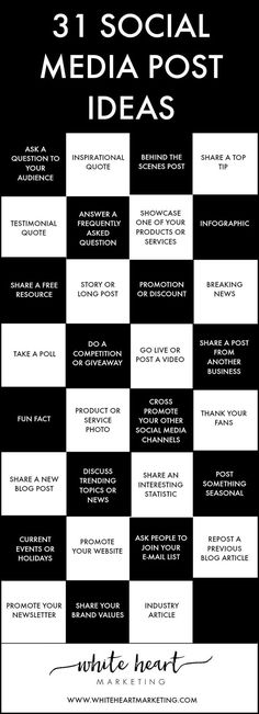 a black and white checkered poster with the words social media post ideas on it