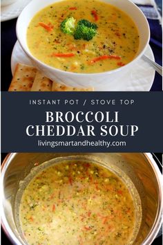 broccoli cheddar soup in a bowl with crackers