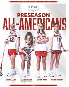 the poster for the usa women's lacrosse team is shown in red and white