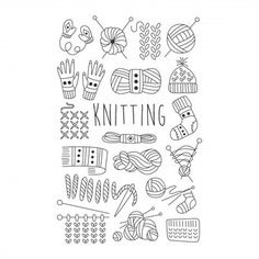 the knitting pattern is drawn in black and white, with lots of different items on it