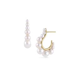 These Pearl Cascade Hoops stand out as true showstoppers. Dramatically sculptural and elegantly chic, these earrings feature luminous pearls ascending in size for a bold yet graceful look. Luxuriously curved and undeniably sexy, they are simply captivating. ◆ Made to order ◆ Sold as a pair ◆ Post Back ◆ 14k solid gold ◆ Approximately 25mm tall, 20mm wide Luxury Handmade White Hoop Earrings, Chic Luxury White Earrings, Luxury White Pearl Hoop Earrings, Luxury Chic White Hoop Earrings, Luxury White Pearl Drop Hoop Earrings, Space Jewelry, Chain Choker, Pendant Earrings, Solid Yellow