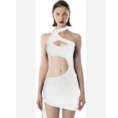 Size S New With Tag White Backless Mini Dress For Club, White Stretch Mini Dress With Cutout, White Ruched Bodycon Club Dress, White Cutout Backless Mini Dress, White Backless Cutout Mini Dress, White Ruched Halter Neck Bodycon Dress, Cape Clique, Cutout Mini Dress, Capes For Women