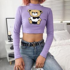 Cute Bear Embroidered Long Sleeve Purple Top Harajuku Clothes, Purple Top, Cosplay Wigs, Purple Aesthetic, Harajuku Fashion, Cute Bears, Printed Tees, Aesthetic Fashion, Long Sleeve Tshirt