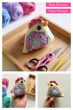 crocheted chicken sitting on top of a wooden tray next to scissors and yarn