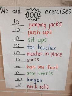 a sign hanging on the side of a wall that says we did exercises for jumping jacks, push - ups and sit - ups