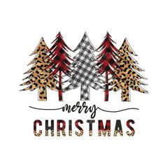 christmas trees with the words merry christmas in leopard print and red plaid ribbon on white background