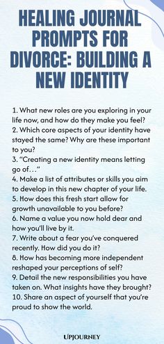 Explore these empowering healing journal prompts designed for those going through a divorce to help you navigate the process of rebuilding your identity. Use these thought-provoking questions to reflect, heal, and discover your true self as you embark on this new chapter in your journey. #divorce #healingjournal #selfcare. Journal Shadow Work, Journal Prompt Ideas, Journal Prompts Ideas, Healing Journal Prompts, Easy Journal, Journaling Routine, Work Etiquette, Psychology Terms, Shadow Work Prompts