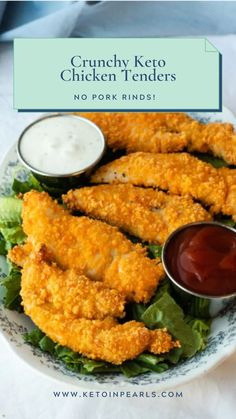 crunchy keto chicken tenders on a plate with dipping sauce and lettuce