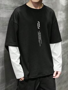 Men T-Shirts Fit Crew Neck Long Sleeve Graphic Tee Casual Spring Polyester Black and White Casual  Long Sleeve Fabric Colorblock,Slogan  Slight Stretch  Men Clothing, size features are:Bust: ,Length: ,Sleeve Length: Fake Two Piece Long Sleeve Shirt, Long Sleeve Shirts Loose, T Shirt Over Long Sleeve Outfit Men, Long Black Sleeve Shirt Outfit, Baggy Shirt Men, Men Graphic Tees Street Style, T Shirt Over Long Sleeve, Oversized Tshirt Outfit Men, Aesthetic Oversized Shirt