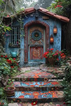 a blue house with red flowers in the front and steps leading up to it's entrance