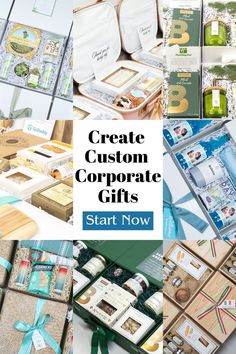 the words create custom corporate gifts start now are in white letters and green ribbon around them