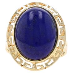 Size: 6 1/4 Sizing Fee: Up 2 sizes for $45 or Down 1 size for $45 Metal Content: 14k Yellow Gold Stone Information Natural Lapis Lazuli Cut: Oval Cabochon Color: Blue Style: Cocktail Solitaire Features: Open Cut Greek Key Border & Split Shoulders Measurements Face Height (north to south): 27/32" (20.7mm) Rise Above Finger: 3/8" (9mm) Weight: 4.9 Grams Stamps: 14k, 585, EA maker's mark, Hong Kong Condition: Pre-Owned Professionally cleaned, polished, and tested to guarantee metal content. Gold Stone, Greek Key, Oval Cabochon, Cocktail Rings, Solitaire Ring, Makers Mark, Blue Fashion, Lapis Lazuli, Metallica