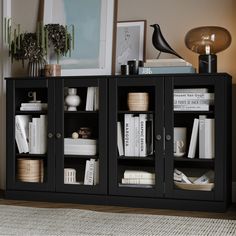 an entertainment center with books and magazines on it