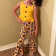 Brand New Without Tags Sunflower Bell Bottoms Yellow Crop Top Super Cute For The Summer Cute Stretch Summer Pants, Cute Stretch Pants For Summer, Playful Fitted Summer Pants, Fitted Playful Summer Pants, Playful Yellow Pants For Spring, Cute Fitted Yellow Bottoms, Yellow Crop Top, Kids Bottoms, Bell Bottoms