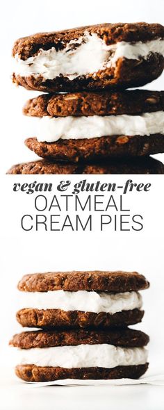 three cookies with cream and gluen - free oatmeal are stacked on top of each other