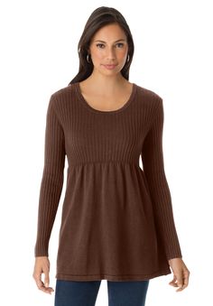 Flattering babydoll sweater has a ribbed bodice and empire waist. Pair it with your favorite denim and boots to complete your look. Wide scoop neckCotton30" lengthMachine wash; Imported | Plus Size Women's Ribbed Baby Doll Tunic Sweater by Jessica London in Rich Brown (Size L) Babydoll Sweater, Womens Scrubs, Ladies Of London, Swimsuits For All, Plus Size Sweaters, Tunic Sweater, Empire Waist, Baby Doll, Plus Clothing