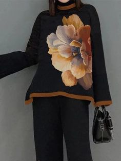 Flower Print Split-Joint Flared Sleeves Long Sleeves Mock Neck T-Shirts Tops Mock Neck And T Shirt, Casual Turtleneck, Vintage Flower Prints, Flared Sleeves Top, Flare Long Sleeve, Top Pants Set, Loose Sweater