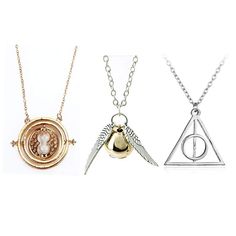 three harry potter necklaces are shown in different colors and styles, one is gold, the other is silver