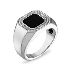 10MM Square Onyx and Diamond Ring set in Rhodium Plated Sterling Silver Modern Onyx Ring For Anniversary, Modern Onyx Rings For Anniversary, Modern Black Enamel Ring Jewelry, Modern Black Enamel Ring, Modern White Gold Rings With Black Enamel, Fine Jewelry In Silver With Black Enamel, Fine Silver Jewelry With Black Enamel, Modern Black Enamel Jewelry For Anniversary, Black Ring With Polished Edges