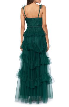 Look every part the princess in this tiered tulle gown that features ruffled flourishes, adjustable straps and a face-framing sweetheart neckline. 59" length (size 8) Hidden back-zip closure Sweetheart neck Adjustable straps Lined 100% polyester with 94% polyester, 6% spandex trim Dry clean Imported Emerald Green Flowy Prom Dress, Green Ruffle Prom Dress, Tulle Green Dress, Teal Tulle Dress, Green Tulle Dress, Layered Prom Dress, Tiered Prom Dress, Tiered Tulle Skirt, Neutral Dresses