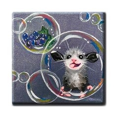 an acrylic painting of a little mouse in bubbles with berries on the side