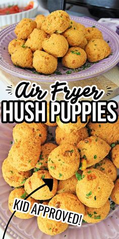 an advertisement for air fryer hush puppies on a plate with the words, kid approved