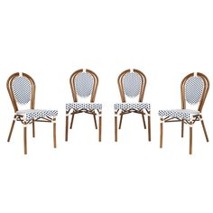 four wooden chairs with checkered upholstered back and seat covers on each side