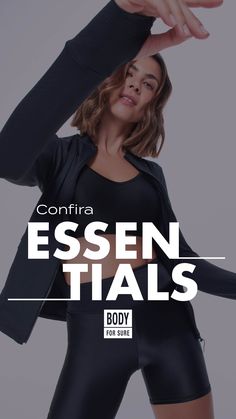 a woman in black is posing with her hands behind her head and the words confia essen