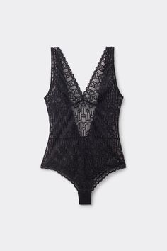 Bodysuit in geometric pattern stretch lace with a tricot effect and sensual and deep front and back necklines. Elegant Stretch Bodysuit With Delicate Lace, Lace V-neck Bodysuit For Party, Elegant Sleeveless Lace Bodysuit, Lace Bodysuit With Lined Body For Night Out, Elegant Sheer Backless Bodysuit, Elegant V-neck Lace Trim Bodysuit, Stretch Delicate Lace Bodysuit For Party, Elegant Evening Bodysuit With Lace Closure, Elegant Black Bodysuit With Lace Closure