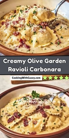 creamy olive garden ravioli carbonara with bacon and parmesan cheese in a bowl