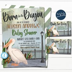 two baby shower cards with a pelican on the front, and an image of a