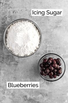 ingredients for icing sugar and blueberries in bowls