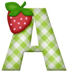 the letter a is decorated with a strawberry and green gingham checkered fabric