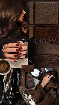 This collage is inspirational for people with darker aura and style. It gives a rich aura vibe with expensive bag and makeup. Beautiful clean brown hair and red painted nails Classy Autumn, Mocha Girls, Brunette Aesthetic, Brown Theme, Chocolate Girls, Fall Mood Board, Clean Girl Aesthetic, Dark Autumn, High End Makeup