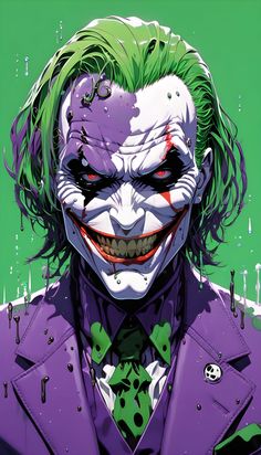 the joker with green hair and red eyes is wearing a purple suit while standing in front of a green background