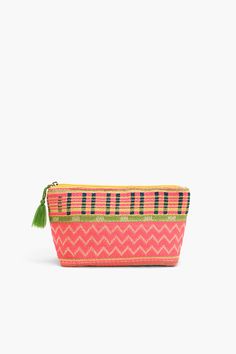 Make-up/cosmetic Pouch Top Zip Closure with Puller Tassel Made in Handwoven Jacquard Size: 10" x 6" x 3"  Make a statement with this chic and colorful cosmetic pouch, crafted in handwoven jacquard with a unique chevron pattern. Featuring a vibrant blend of pink and green tones, this pouch is adorned with a playful tassel on the zipper pull for easy access. Its compact design, measuring 10" x 6" x 3", is perfect for carrying all your beauty essentials on the go. Woven Travel Pouch, Animal Print Jumpsuit, Leopard Bag, Checker Print, Spring Makeup, Blue Springs, Small Pouches, Green Tones, Cosmetic Pouch