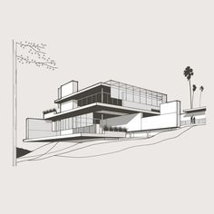 a black and white drawing of a modern house