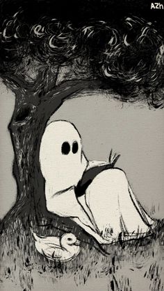 a black and white drawing of a ghost sitting under a tree with its eyes open