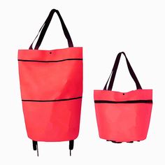 two pink bags with black handles and straps on each side, one in the shape of a tote bag