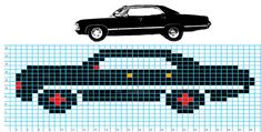 a black car with red eyes is depicted in this cross - stitch pattern, and it appears to be from the movie back to the future