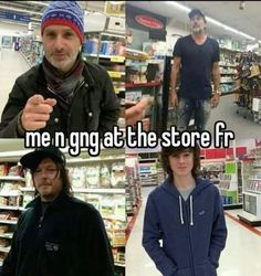 four pictures of men in the store with caption that says, me n go at the store f r