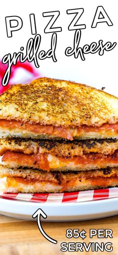 a grilled cheese sandwich on a plate with the words, pizza grilled cheese