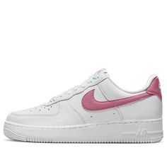 The Nike Air Force 1 '07 Essential 'Desert Berry' is a stylish and iconic sneaker for women. The clean white leather upper is complemented by a pink Swoosh and heel, creating a beautiful desert berry colorway. This sneaker is perfect for any casual occasion, from running errands to meeting up with friends. The Air Force 1 series is a classic design that has been around since 1982, and this Desert Berry colorway is the perfect way to add a modern twist to an iconic silhouette. (AF1/SNKR/Skate/Casual/Women's/Classic) Sporty Nike Air Force 1 For Sports, White Leather Nike Air Force 1 For Streetwear, White Nike Air Force 1 Casual Streetwear, Casual White Nike Air Force 1 For Streetwear, White Casual Custom Sneakers, Casual Nike Air Force 1 With Perforated Toe Box, Pink Leather Nike Air Force 1 Casual Shoes, Casual White Leather Nike Air Force 1, Nike Air Force 1 Casual With Perforated Toe Box