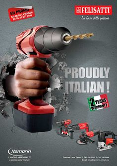 an advertisement with a hand holding a cordless driller and breaking through the wall