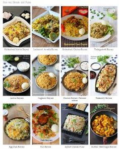 a series of photos showing different types of food in various dishes, including rice and vegetables