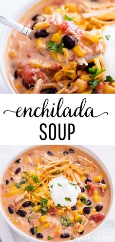 two bowls of enchilada soup, one with black beans and the other with corn